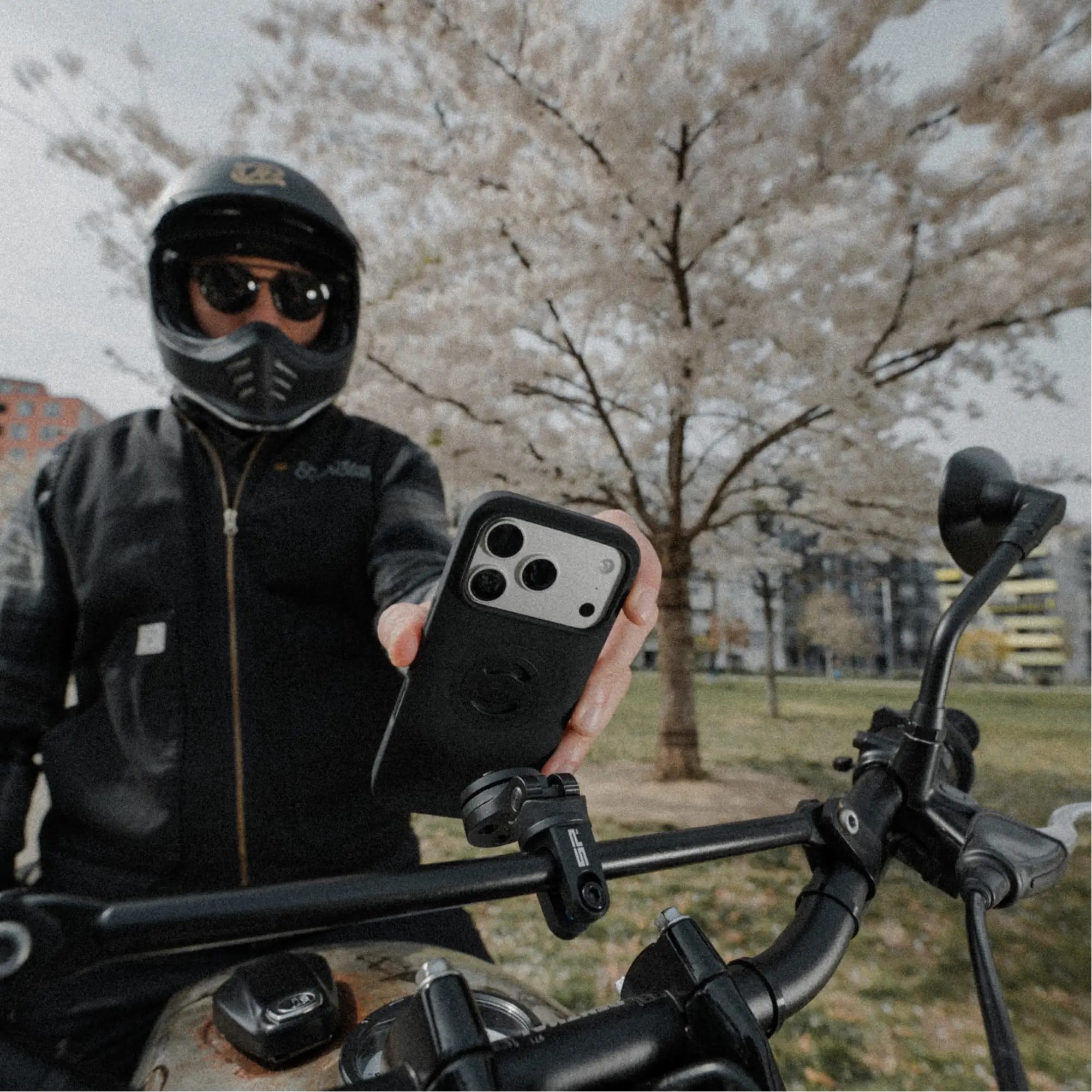 Motorcyclist with a phone in an SP Connect mount